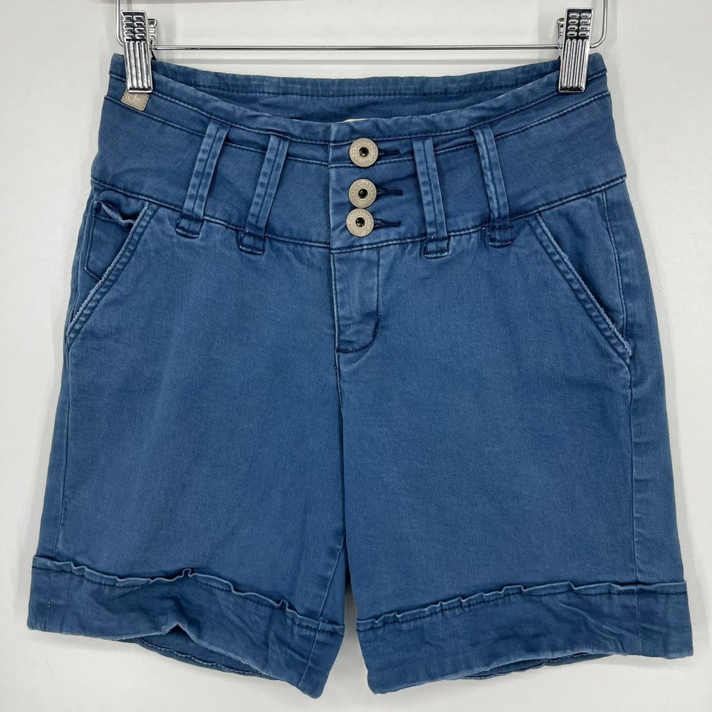 Christopher Blue Womens High Rise Triple Button Ruffle Hem Shorts Blue Size 4